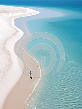 woman beach sand paradise ocean sea back drone top view waves silence serenity zen tranquility