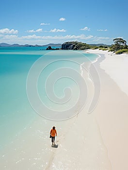 woman beach sand paradise ocean sea back drone top view waves silence serenity zen tranquility