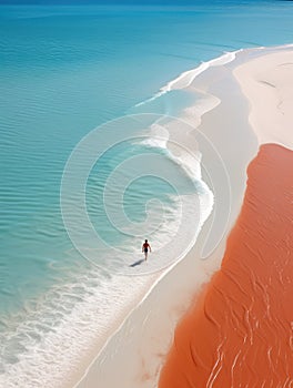 woman beach sand paradise ocean sea back drone top view waves silence serenity zen tranquility