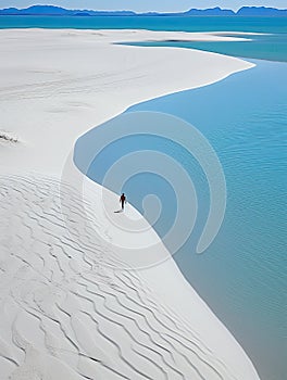 woman beach sand paradise ocean sea back drone top view waves silence serenity zen tranquility