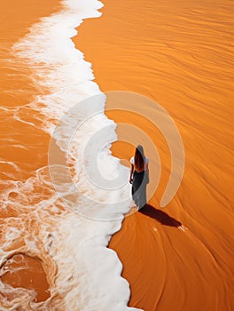 woman beach sand paradise ocean sea back drone top view waves silence serenity zen tranquility