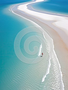 woman beach sand paradise ocean sea back drone top view waves silence serenity zen tranquility