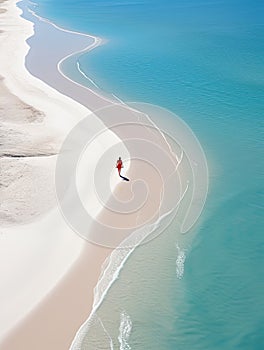 woman beach sand paradise ocean sea back drone top view waves silence serenity zen tranquility