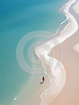 woman beach sand paradise ocean sea back drone top view waves silence serenity zen tranquility