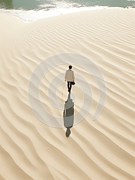 woman beach sand paradise ocean sea back drone top view waves silence serenity zen tranquility