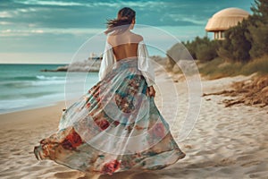 woman beach sea dress fashion fashionable lifestyle beautiful person summer hippie. Generative AI.