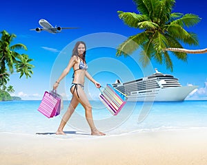 Woman Beach Summer Shopping Bag Holding Concept