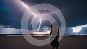 woman on the beach at sunset was walking on the beach, enjoying the sunset. She didn\'t notice the storm clouds gathering