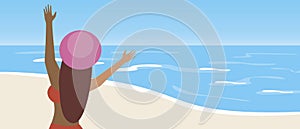 Woman beach, template with place for text, copy space flat vector stock illustration with happy traveler vacation at resort