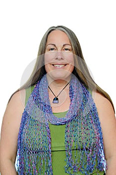 Woman with beaded scarf