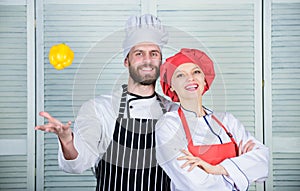 Woman and bearded man cooking together. Cooking healthy food. Fresh vegetarian healthy food recipe. Just try. Fresh