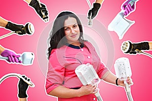 A woman beautician against the background of a collage of handpieces for carrying out hardware slimming procedures in a spa salon.