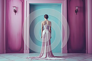 Woman in a beautiful dress infront of teal and pink room interior. Fashion, interior, vivid colors, design. Ai generative.