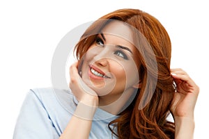 Woman with beautiful hair after injections of hyaluronic acid and Botox on white isolated background