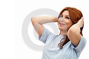 Woman with beautiful hair after injections of hyaluronic acid and Botox on white isolated background