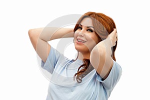 Woman with beautiful hair after injections of hyaluronic acid and Botox on white isolated background