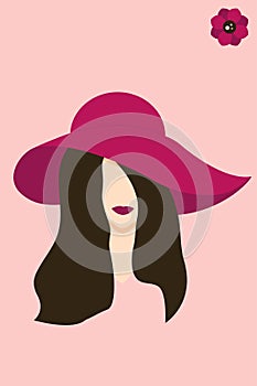 Woman with beautiful hair in a wide-brimmed hat, beautiful hairstyle. brunette girl.