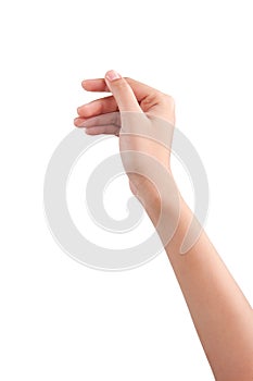 Woman beautiful hand holding some like a blank card isolated on