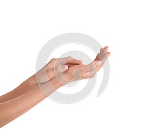 Woman with beautiful hands on white background. Spa treatment