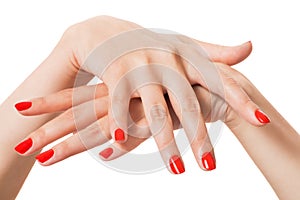 Woman with beautiful manicured red fingernails