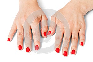 Woman with beautiful manicured red fingernails