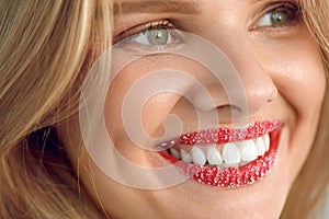 Woman With Beautiful Smile, Sugar Lip Scrub On Lips. Beauty Face