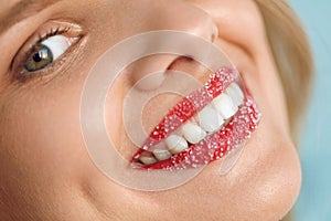 Woman With Beautiful Smile, Sugar Lip Scrub On Lips. Beauty Face