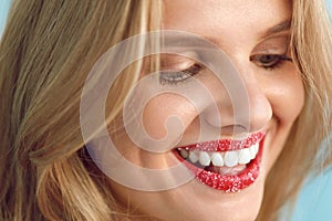 Woman With Beautiful Smile, Sugar Lip Scrub On Lips. Beauty Face