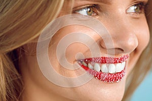 Woman With Beautiful Smile, Sugar Lip Scrub On Lips. Beauty Face