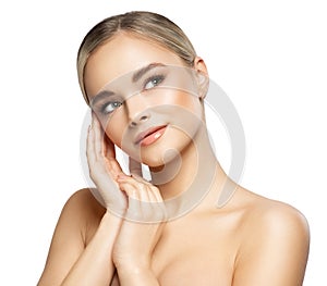 Woman Beauty with Clean Fresh Skin look up. Beautiful Girl Face Care. Model with Natural Makeup over White. Facial Treatment and