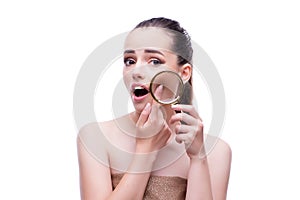 The woman in beauty concept with magnifying glass aging wrinkles