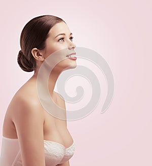 Woman Beauty Face, Girl Breast Skin Care, Bun Hair