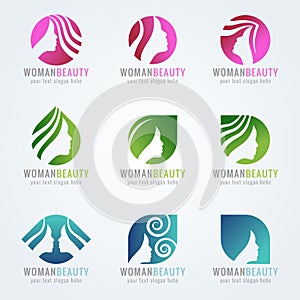 Woman beauty face and hair logo vector set design