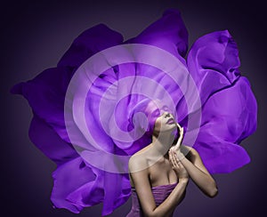 Woman Beauty Face Silk Cloth, Fashion Model, Waving Purple Fabric