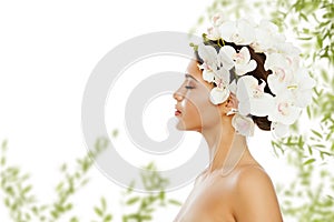 Woman Beauty Flowers Hair style. Fresh Smooth Skin and Healthy Hair Nature Care. Organic Green Leaves White Orchid Treatment