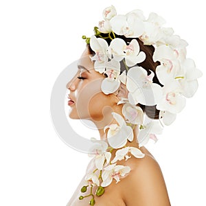 Woman Beauty Flowers Hairstyle, Beautiful Girl Portrait with Orchid Flower in Hair