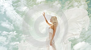 Woman beauty, girl in fluttering dress over sky