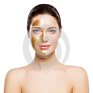 Woman Beauty Gold Mask, Happy Girl Golden Facial Skin Cosmetic, Skincare and Treatment