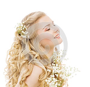 Woman Beauty Hair Care and Treatment, Happy Young Girl Flowers Hairstyle on White