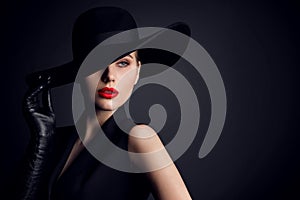 Woman Beauty in Hat, Elegant Fashion Model Retro Style Portrait on Black photo
