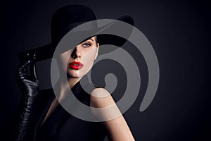 Woman Beauty in Hat, Elegant Fashion Model Retro Style Portrait on Black