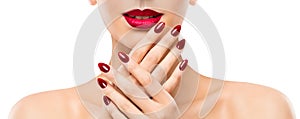 Woman Beauty Lips Nails, Beautiful Model Face Lipstick Makeup, Red Manicure Polish