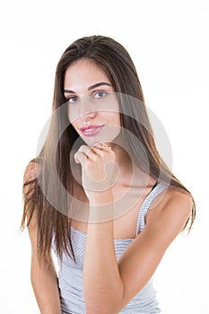 Woman with beauty long brown hair posing at studio