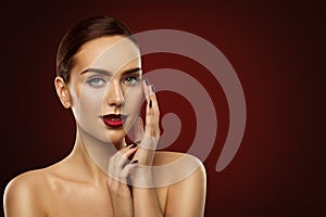 Woman Beauty Makeup, Fashion Model Dark Red Nails and Make Up