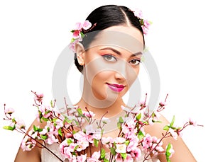 Woman Beauty Makeup in Sakura Flowers, Fashion Model Studio Portrait, Beautiful Girl, Whte photo