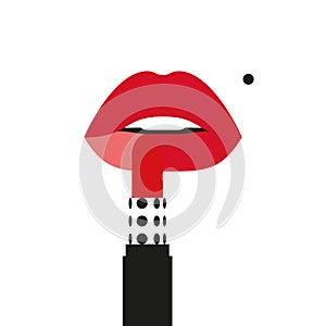 Woman with beauty mark applying red lipstick. Woman rouging her lips.