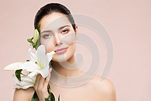 Woman Beauty Natural Makeup Portrait with Lily Flower, Happy Girl Face Skin Care and Treatment