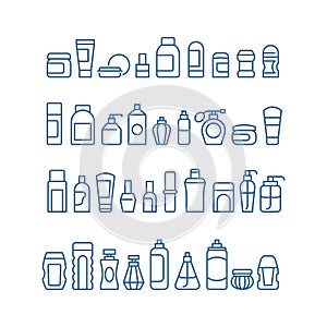 Woman beauty products, cosmetics, body skin care and makeup package vector icons isolated