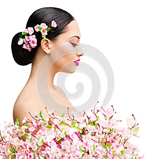 Woman Beauty in Sakura Flowers, Beautiful Asian Girl Spring Fashion Portrait