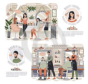 Woman in beauty salon, man in barber shop, people vector illustration